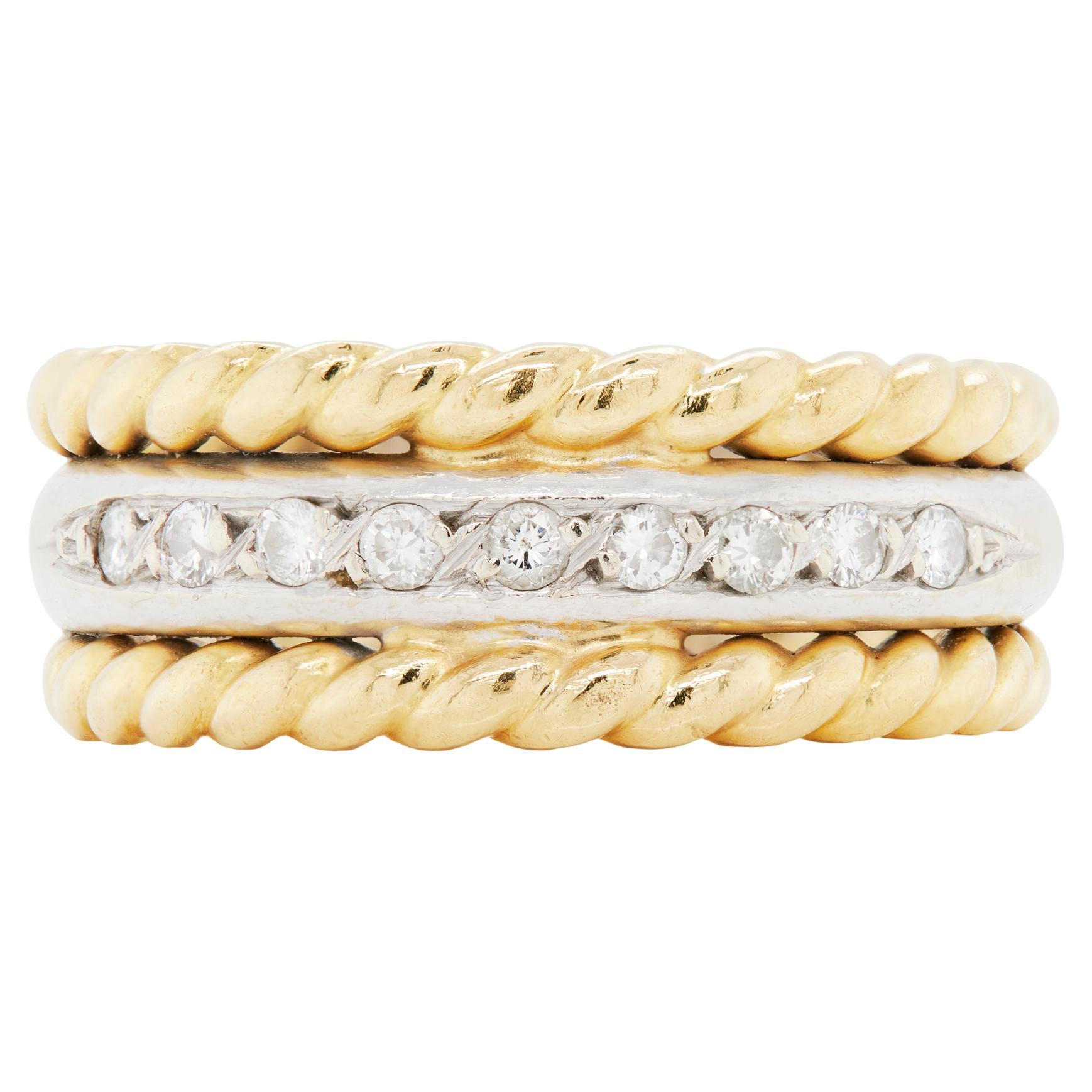 Diamond 18 Carat Yellow and White Gold Rope Wide Band Ring For Sale
