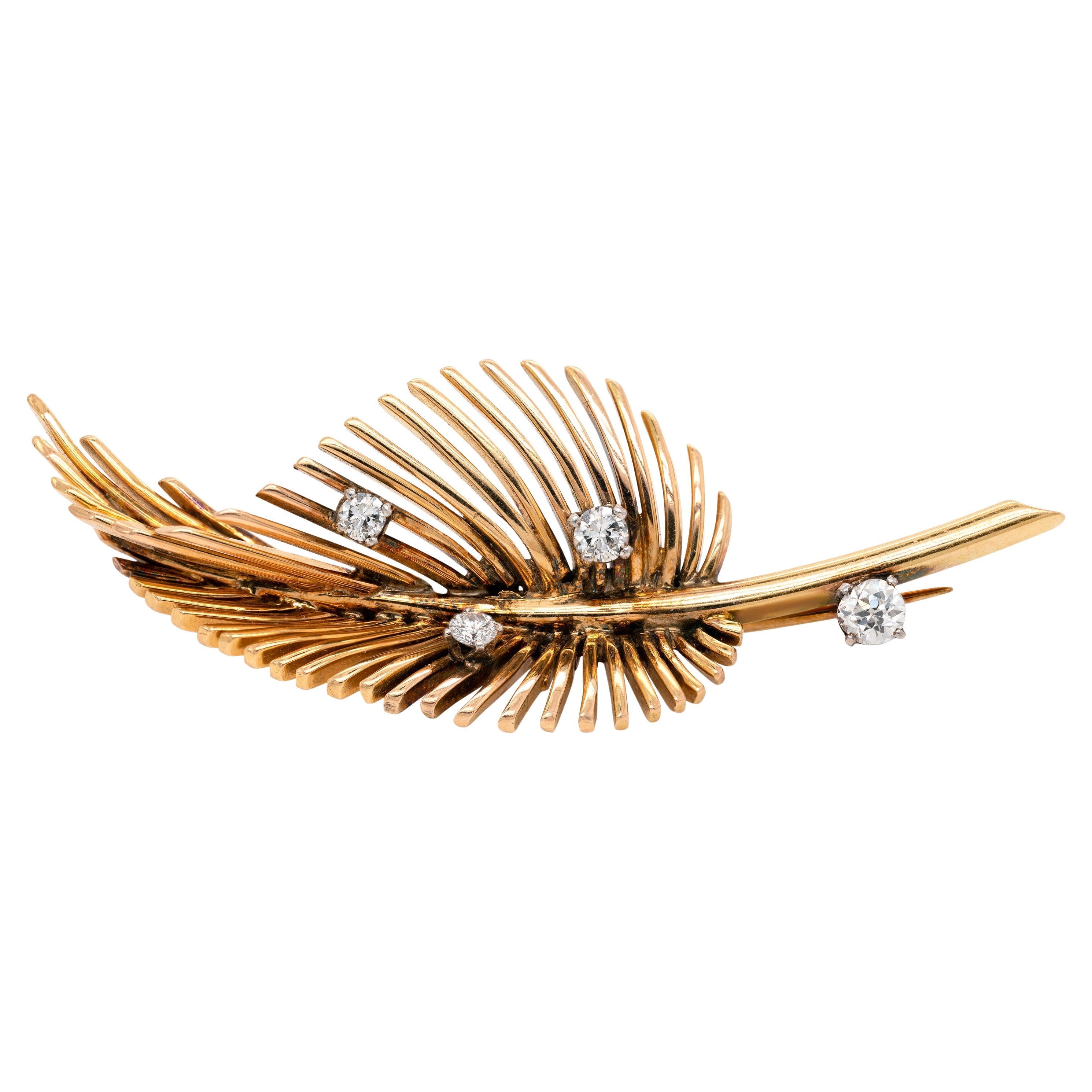 Diamond 18 Carat Yellow Gold Open Work Leaf Brooch For Sale