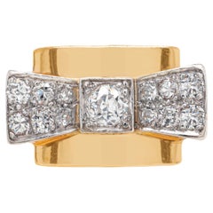 Retro Diamond 18 Carat Yellow Gold & Platinum Art Deco Style Bow Tie Tank Ring