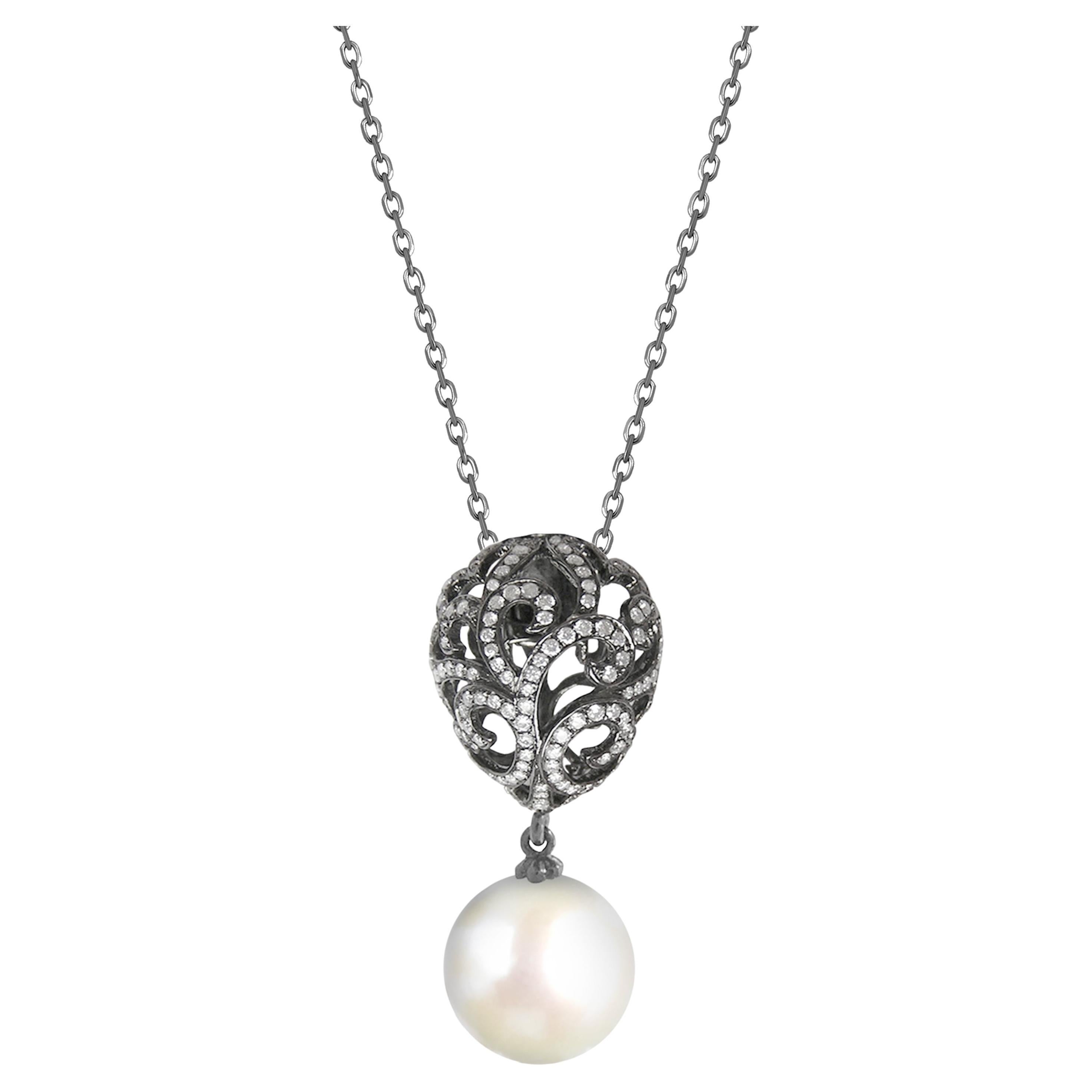 Diamond 18 Karat Black Gold Filigree Mini Egg Pearl Drop Pendant Necklace