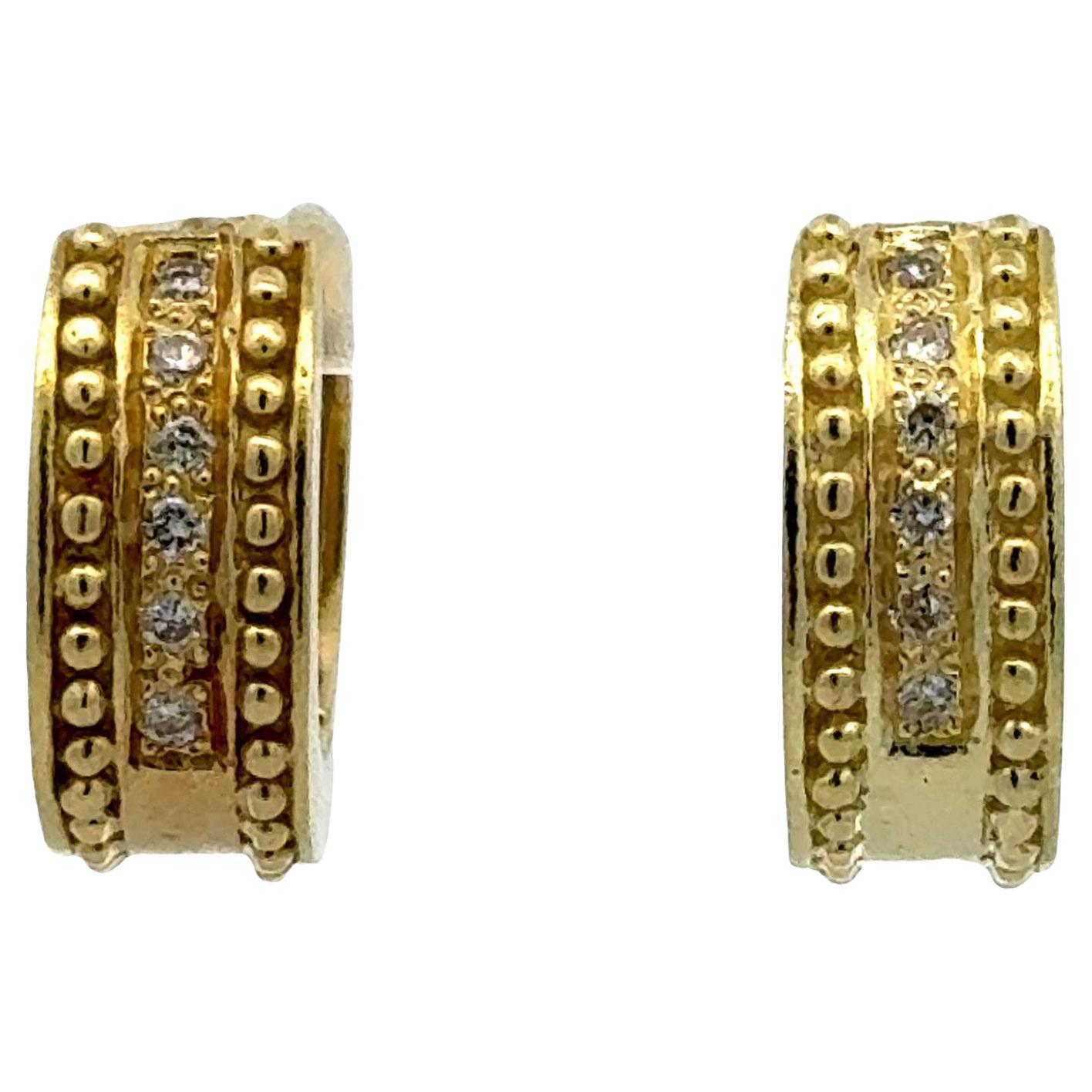 Diamond 18 Karat Brushed Polish Yellow Gold Huggie Hoop Earrings