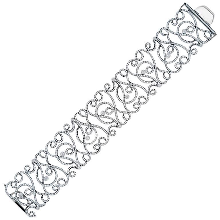 Filigree Design Diamond Cuff Bracelet Wedding in 18 karat White Gold