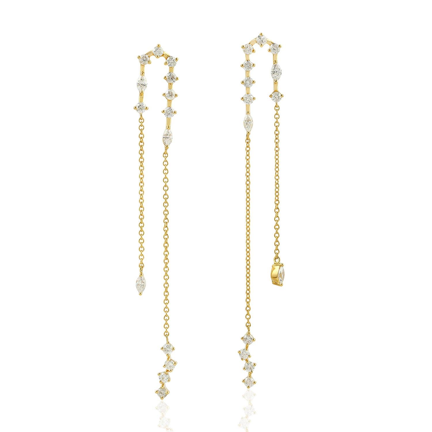 Contemporary 18 Karat Gold Diamond Chain Drop Earrings For Sale