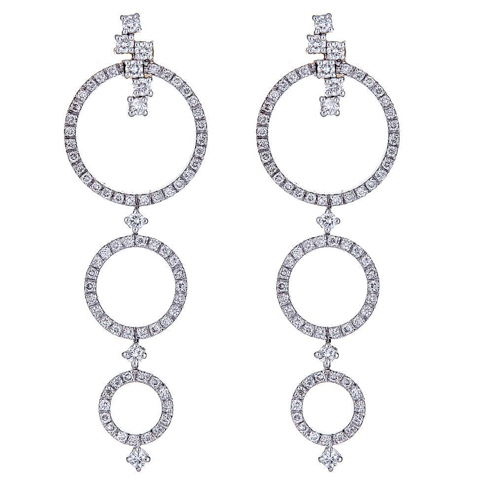 Triple Circle Dangle White Diamond Designer Earrings in 18 karat White Gold