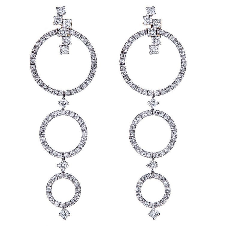 Triple Circle Dangle White Diamond Designer Earrings in 18 karat White
