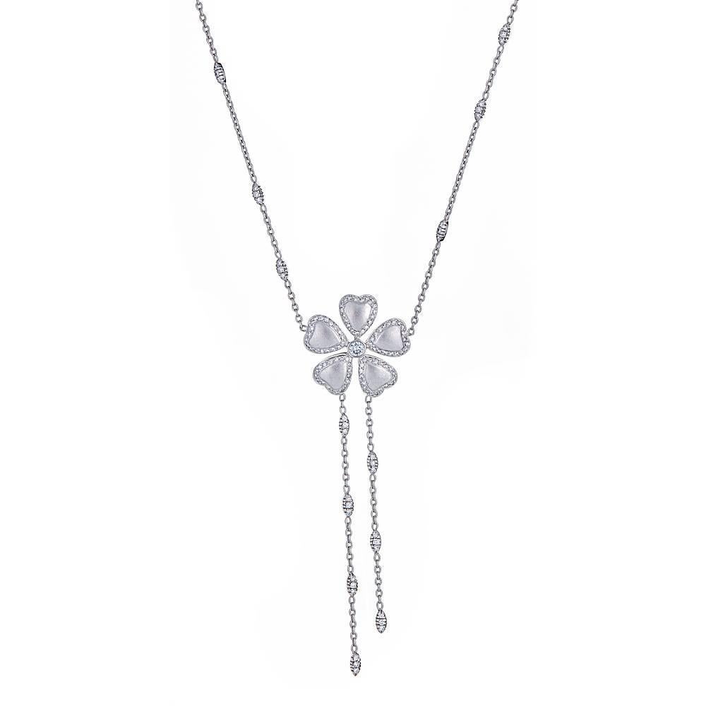 Natural Round 0.75 ct Diamond Flower Drop pendant Necklace in 18 kt White Gold

Perfect for everyday wear, she will adore this pendant. Shimmering round diamonds fashionably set in a flower pendant and accented throughout the necklace chain.