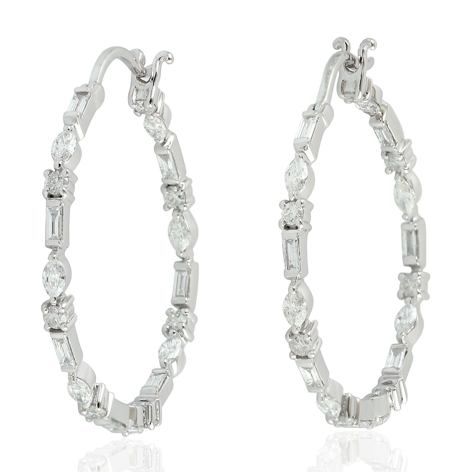 Mixed Cut Diamond 18 Karat Gold Hoop Earrings For Sale