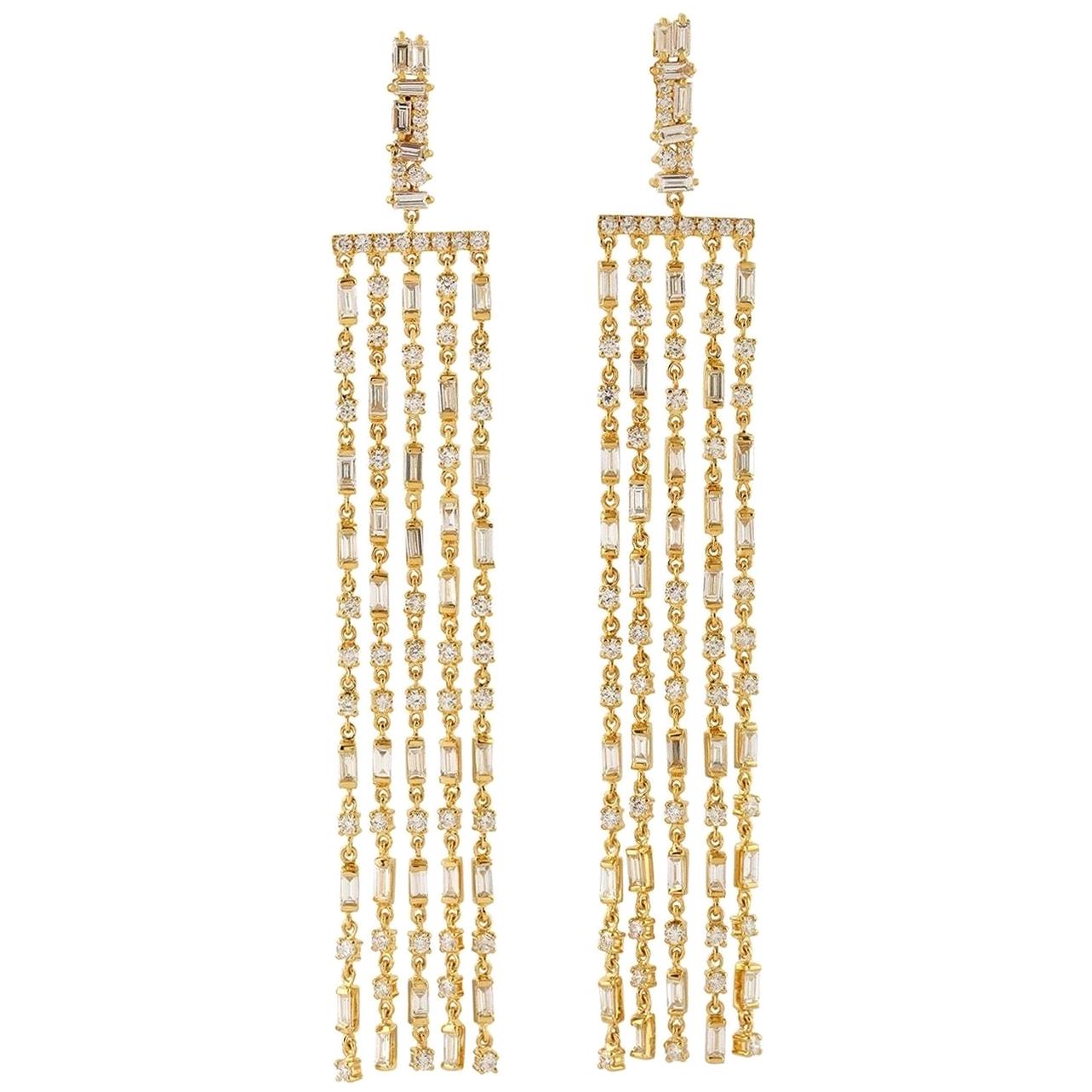 Meghna Jewels 14 Karat Gold Diamond Fringe Earrings For Sale