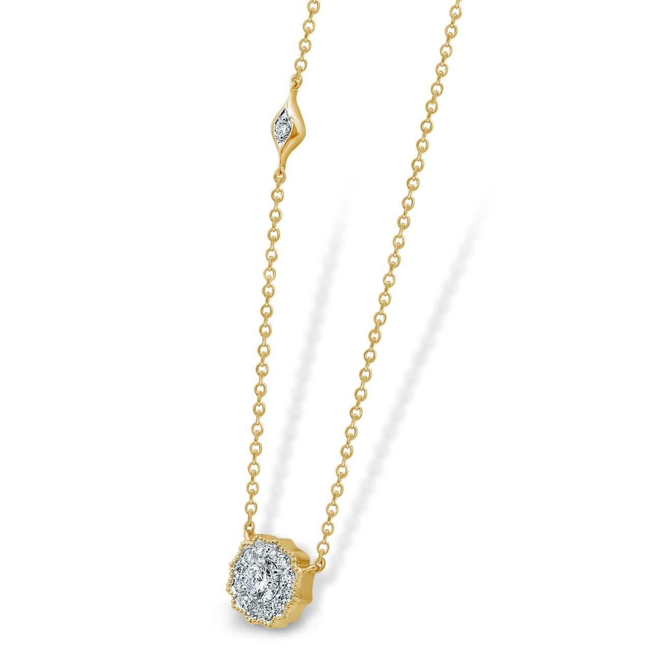 Cast from 18-karat gold, this pendant necklace is hand set with .48 carats of sparkling diamonds on the 16