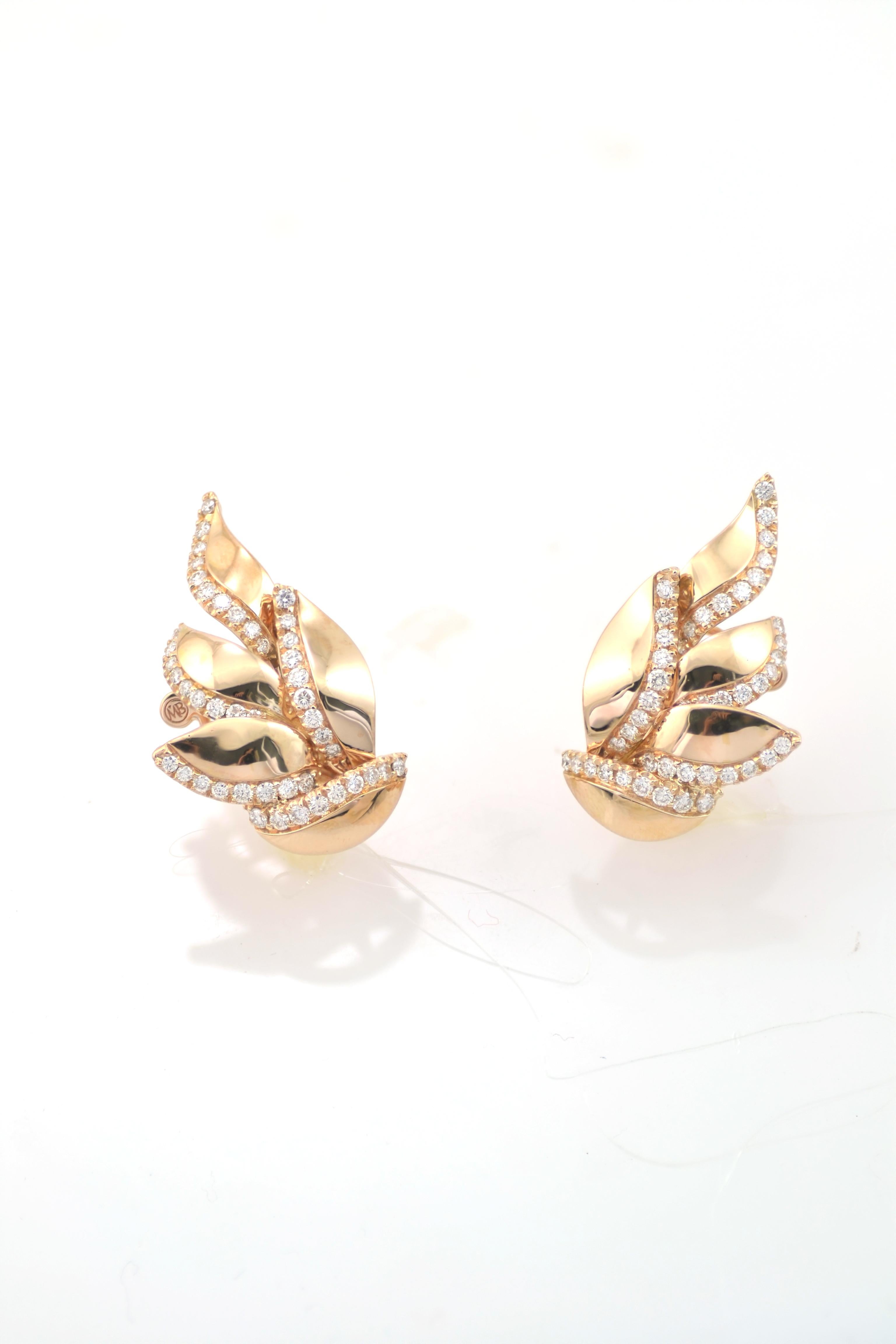 Contemporary Diamond 18 Karat Rose Gold Leaves Made in Italy Earrings