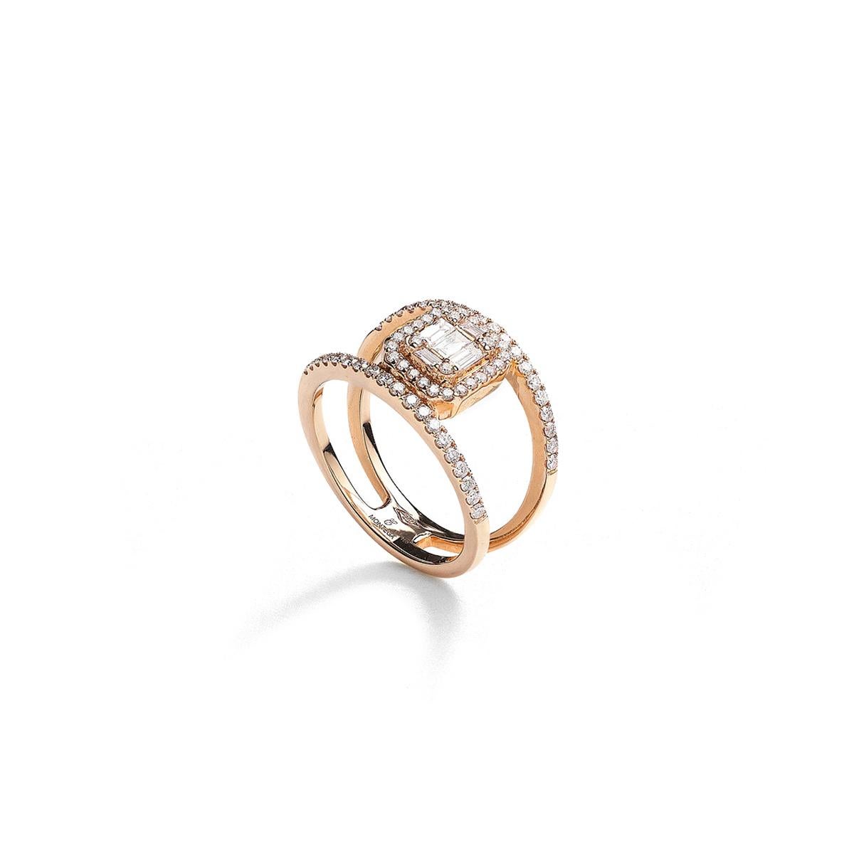 Ring in 18kt pink gold set with 5 baguette cut diamonds 0.20 cts and 66 diamonds 0.51 cts Size 53