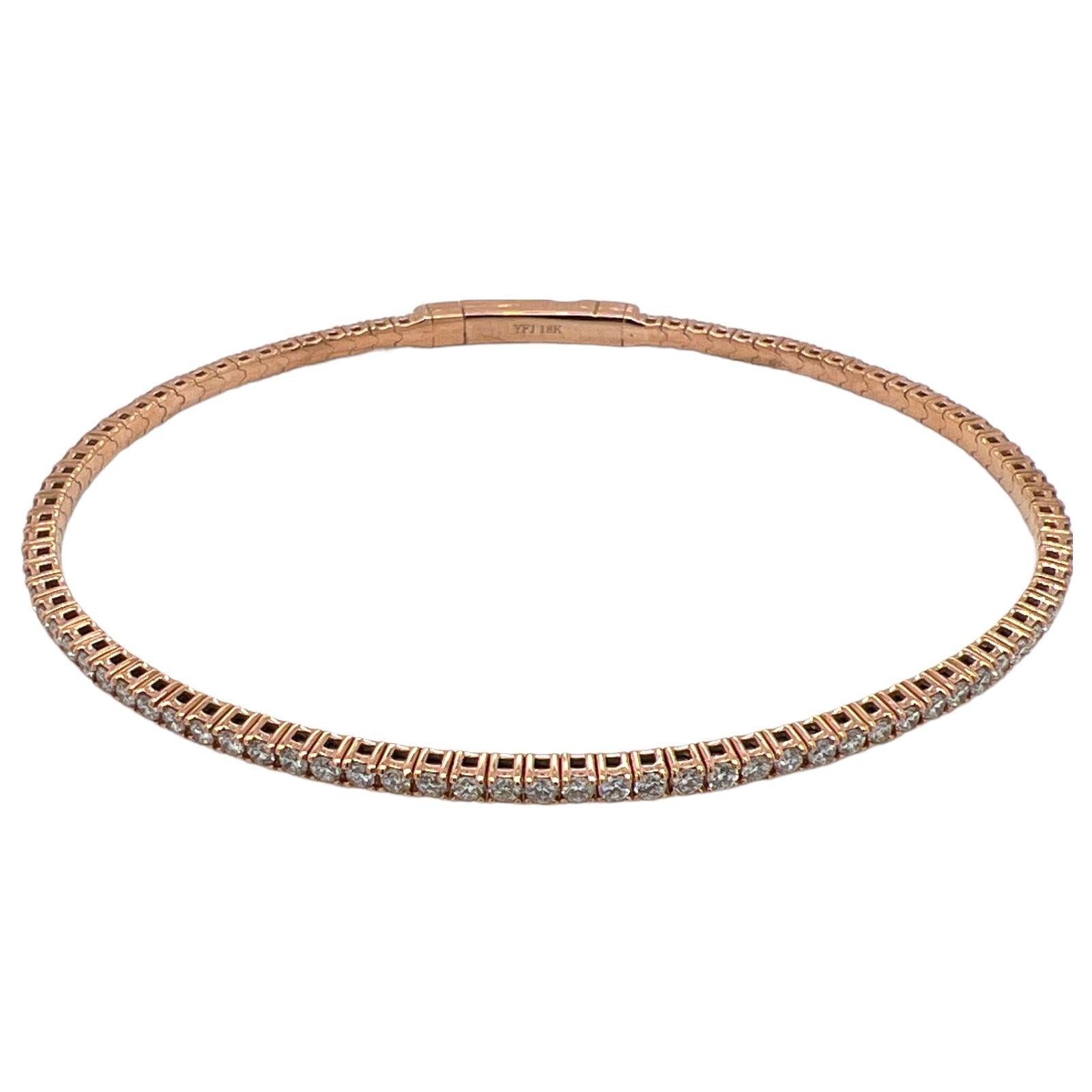 Round Cut Diamond 18 Karat Rose Gold Modern Thin Stackable Bangle Bracelet Flexible For Sale