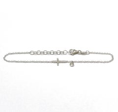 18 Karat Solid White Gold Diamond Cross Charm Chain Bracelet