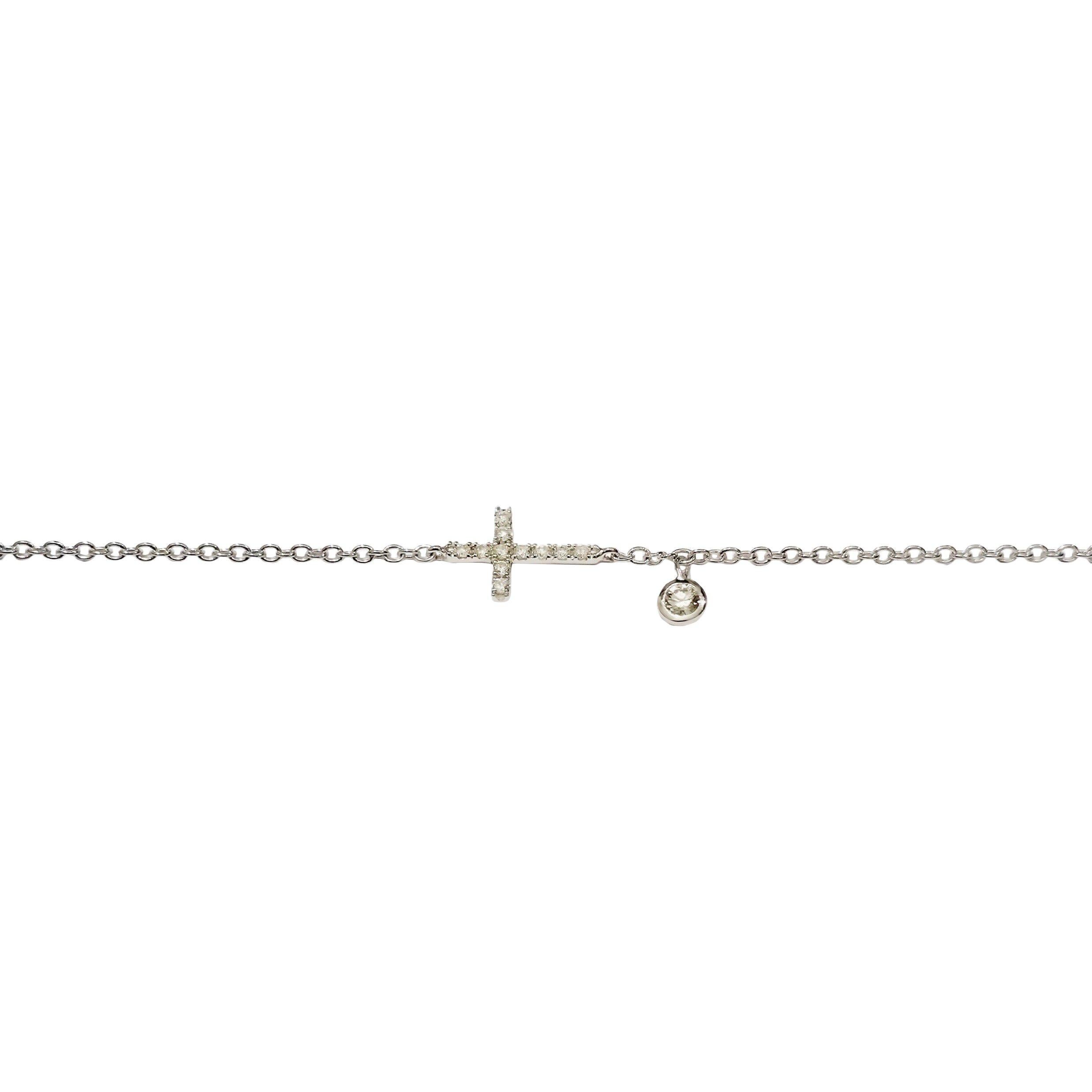 18 Karat Solid White Gold Diamond Cross Charm Chain Bracelet  For Sale