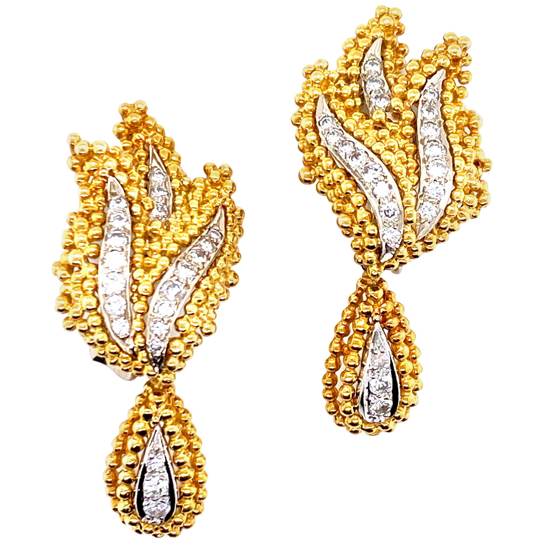 Diamond 18 Karat Two-Tone 18 Karat Gold Leaf Drop Earrings