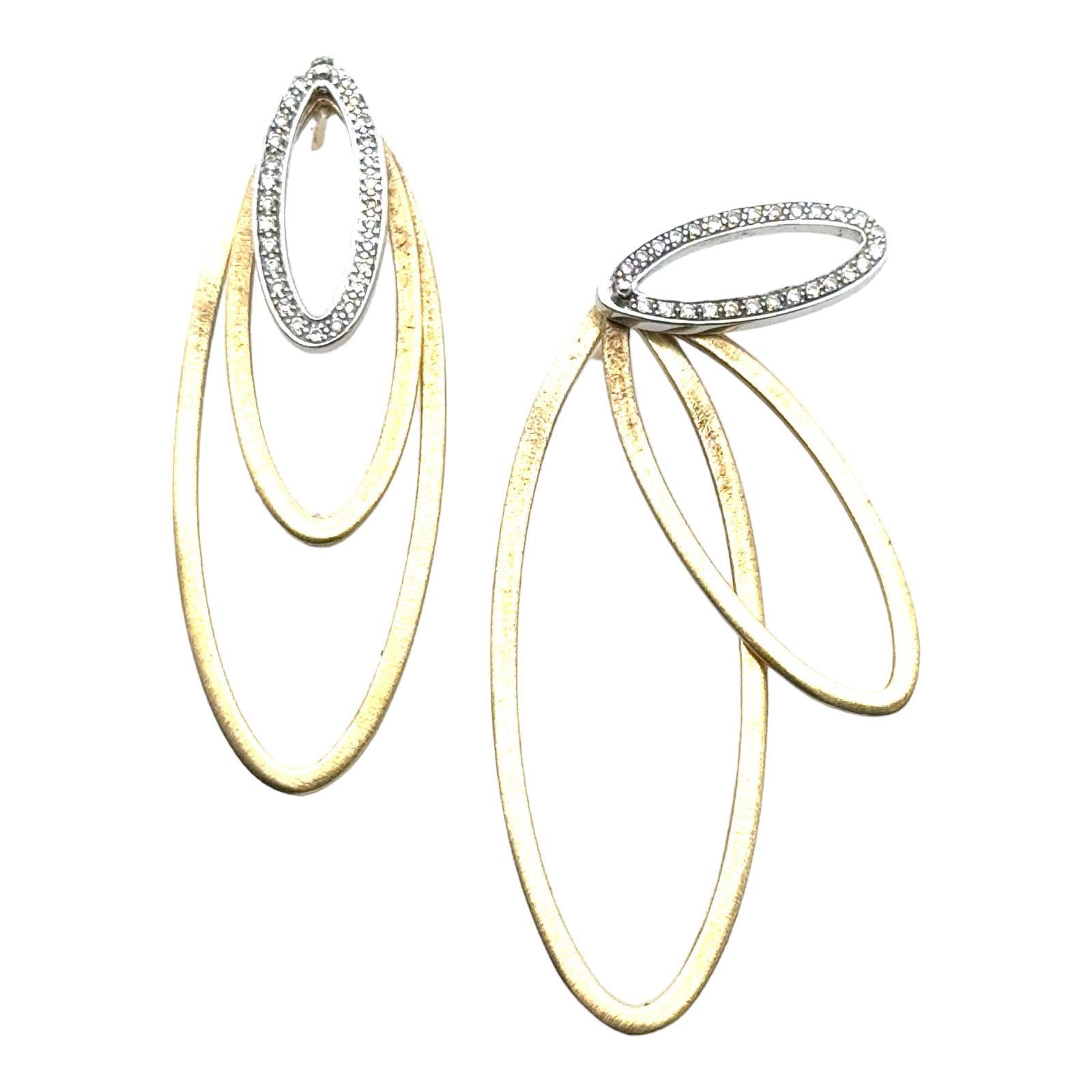Round Cut Diamond 18 Karat Two Tone Gold Oval Drop Dangle Modern Earrings For Sale