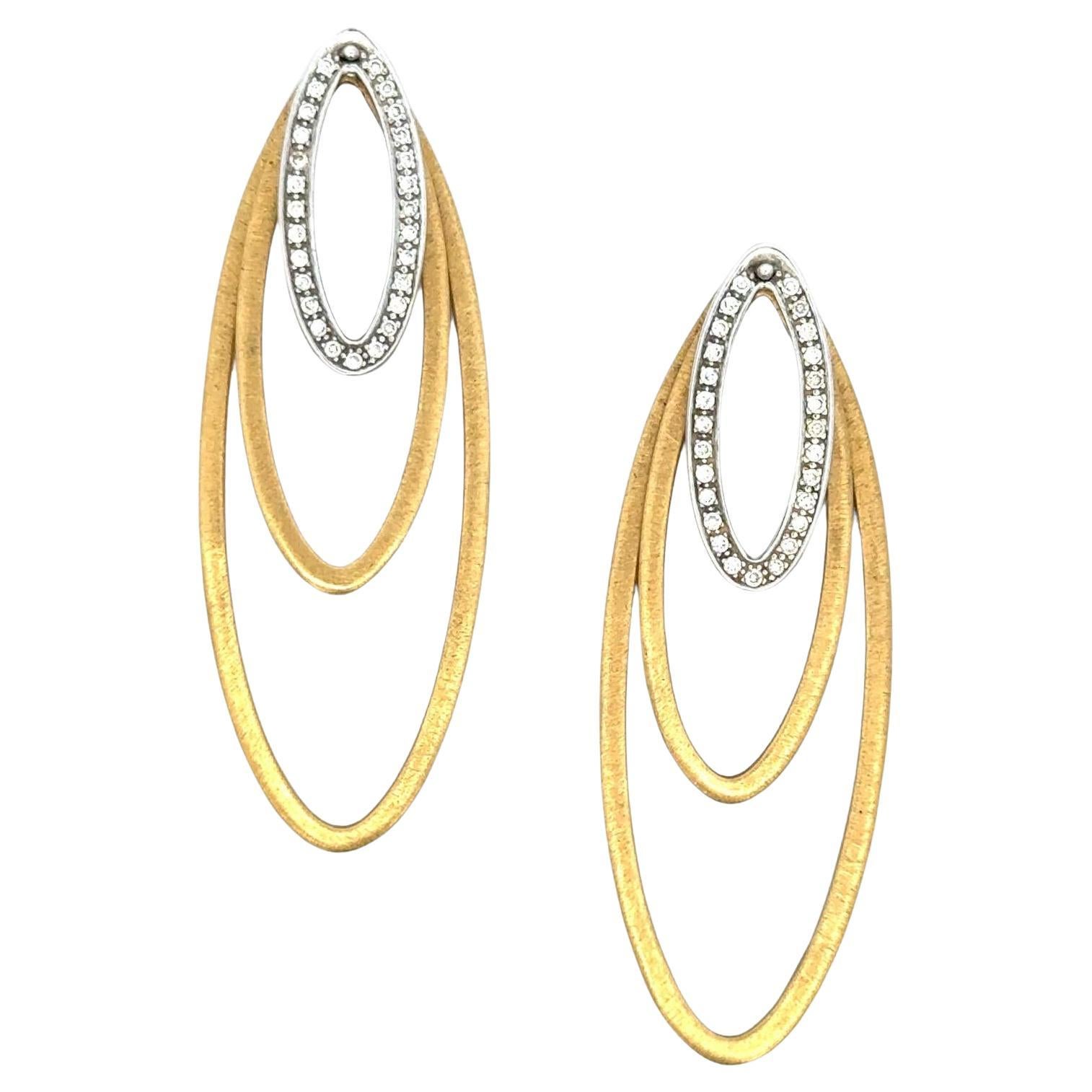 Diamond 18 Karat Two Tone Gold Oval Drop Dangle Modern Earrings For Sale