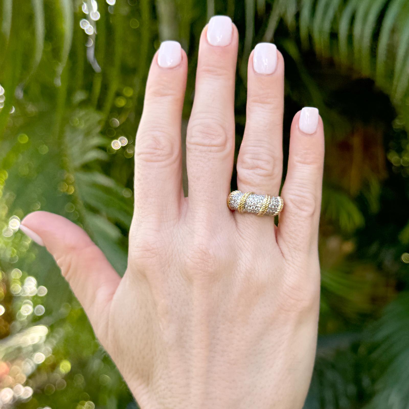 Modern Diamond 18 Karat Two Tone Gold Rope Design Dome Band Ring