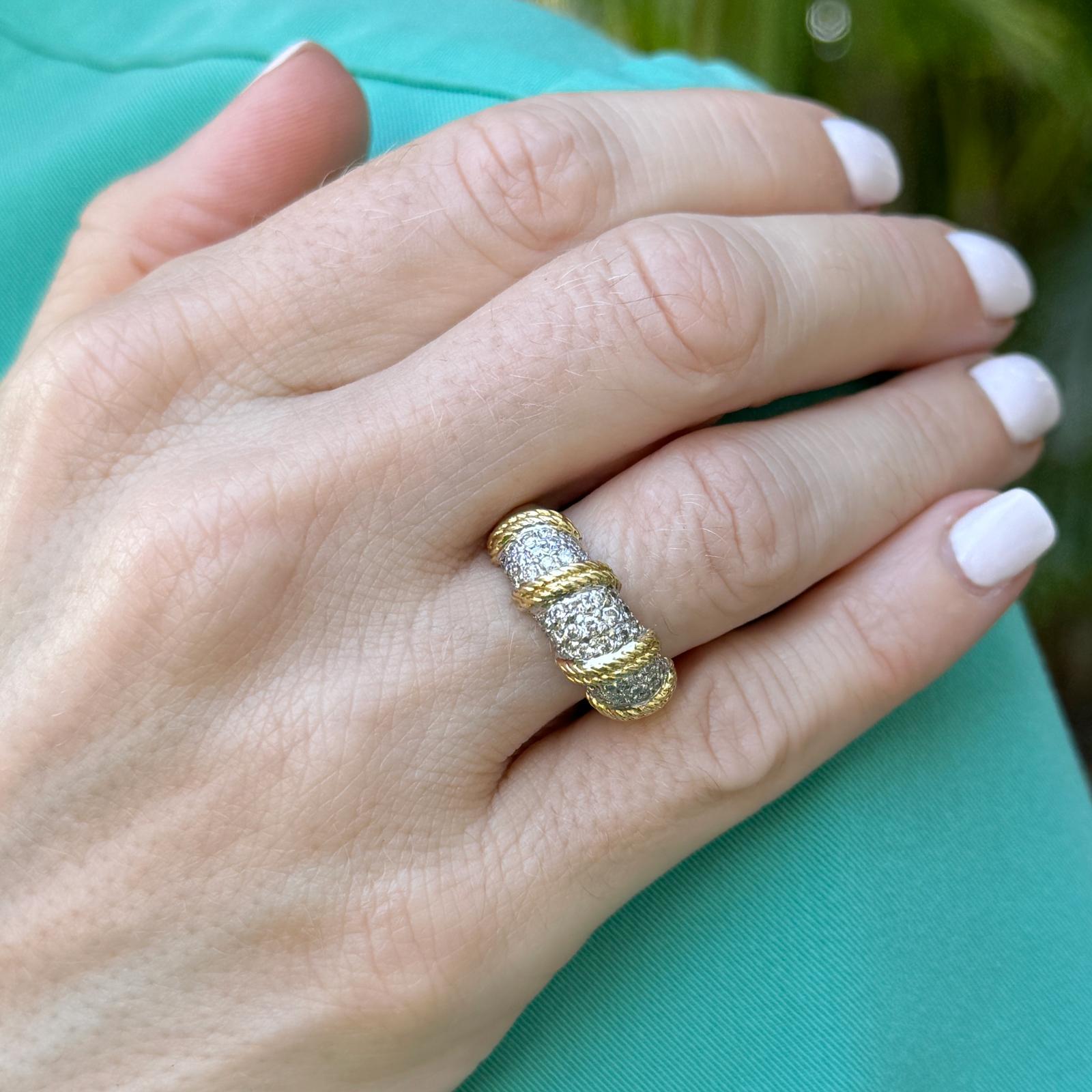 Round Cut Diamond 18 Karat Two Tone Gold Rope Design Dome Band Ring