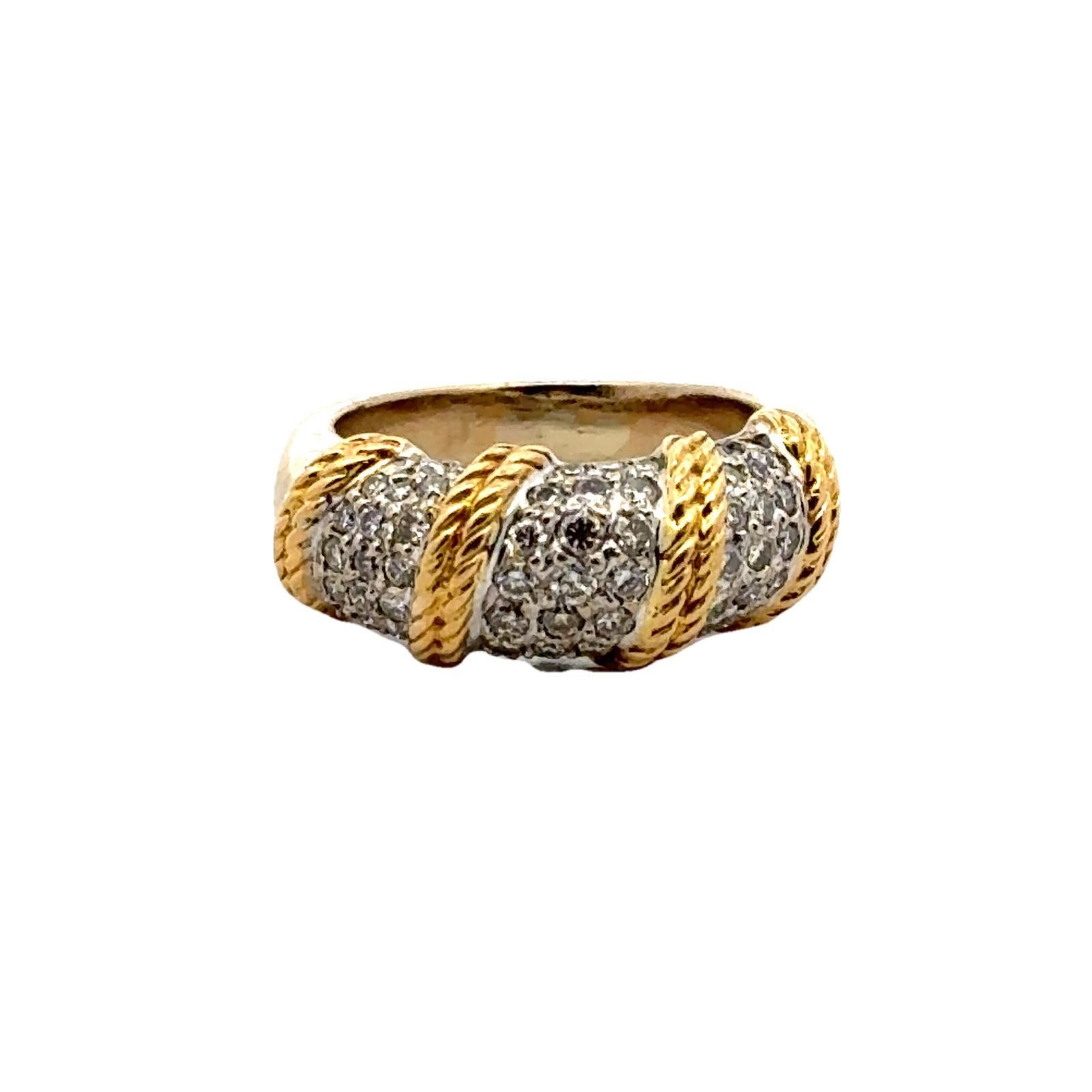 Diamond 18 Karat Two Tone Gold Rope Design Dome Band Ring In Excellent Condition In Boca Raton, FL