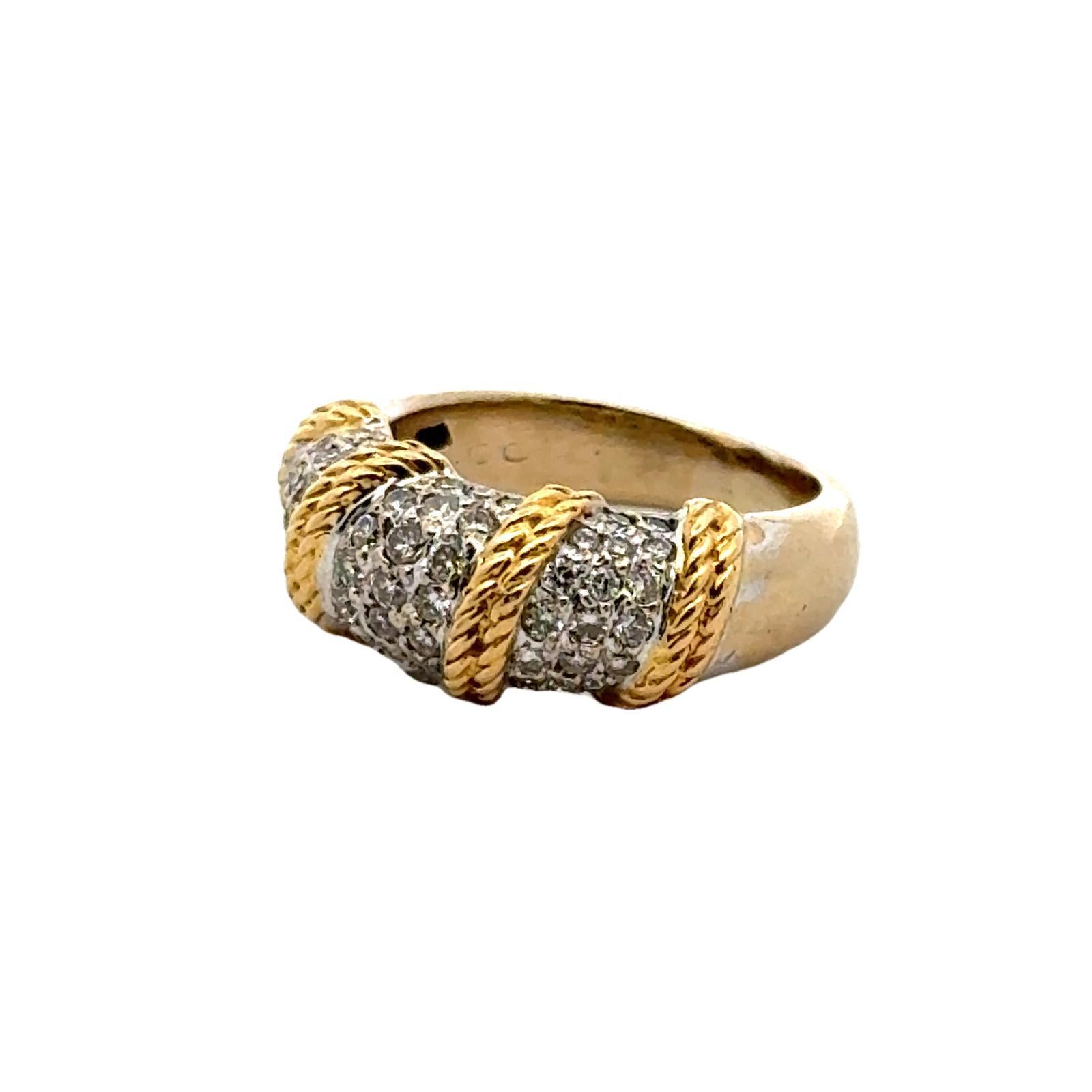 Women's Diamond 18 Karat Two Tone Gold Rope Design Dome Band Ring