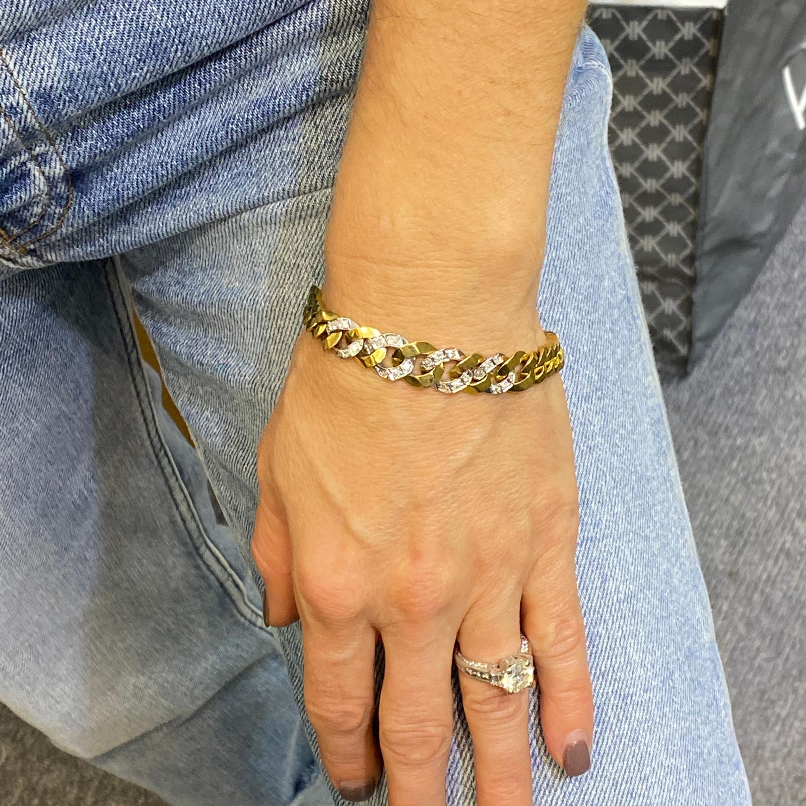 Modern Diamond 18 Karat Two-Tone Gold Tapered Curb Link Vintage Bracelet