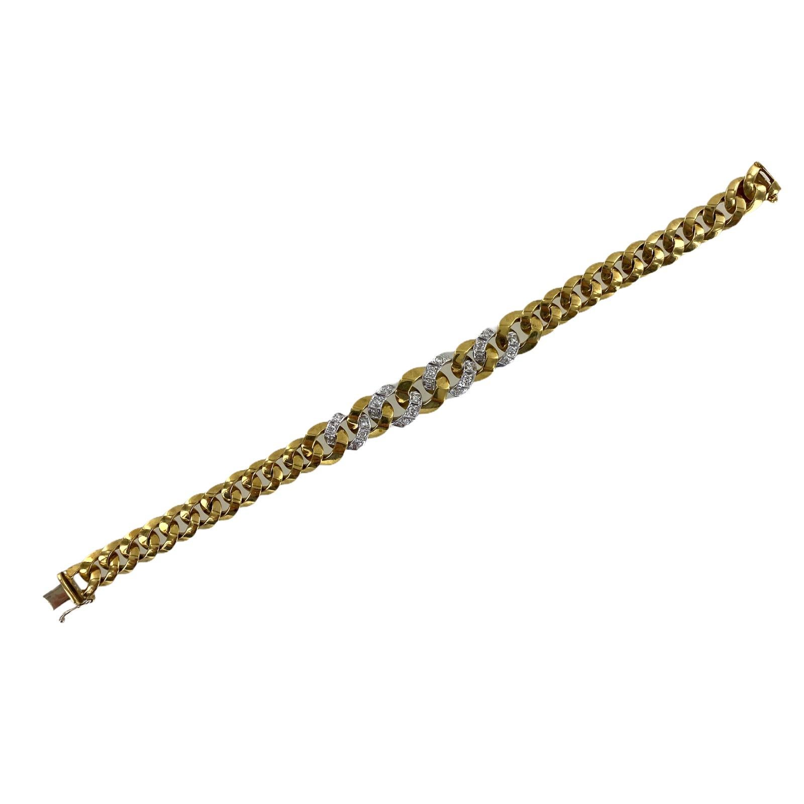 Round Cut Diamond 18 Karat Two-Tone Gold Tapered Curb Link Vintage Bracelet