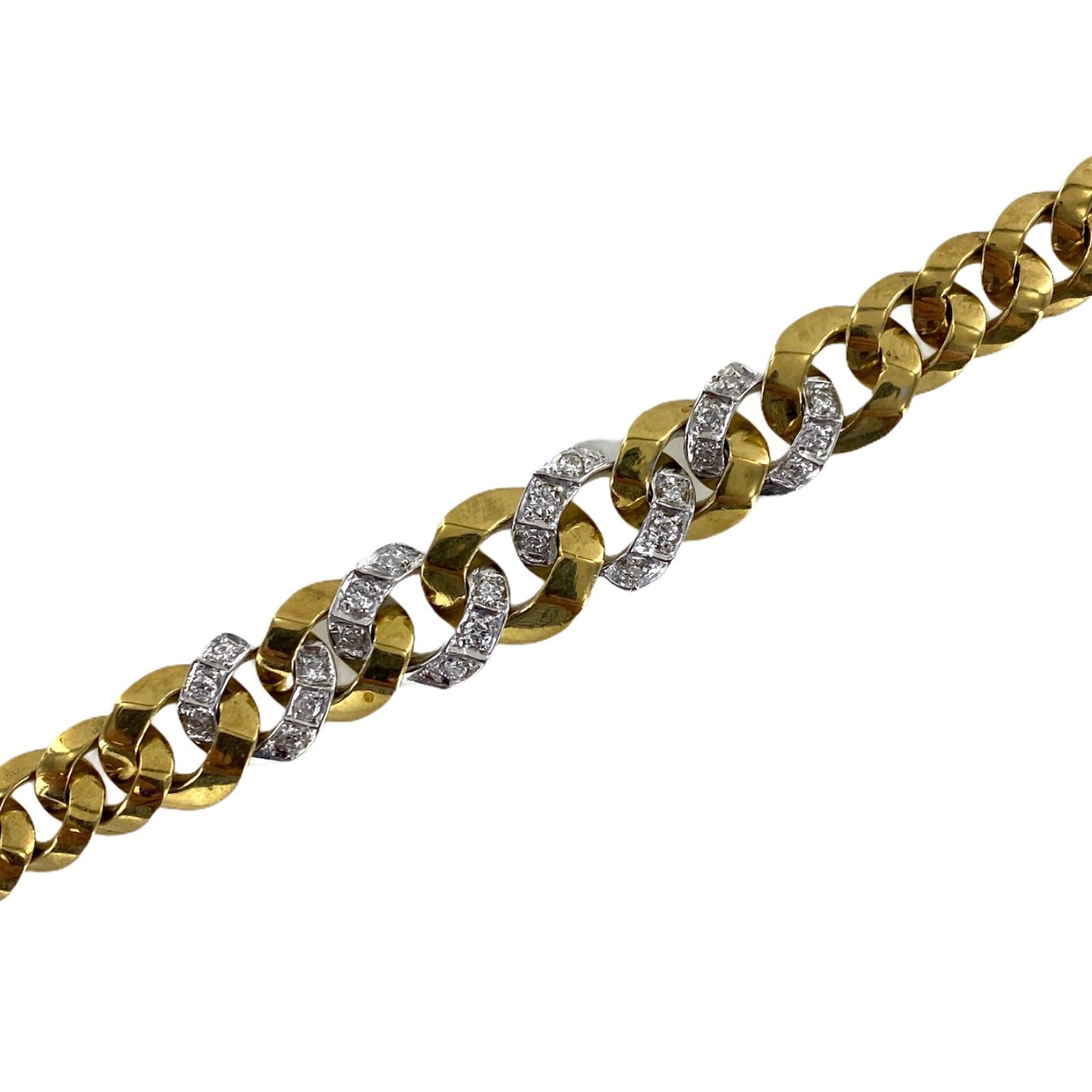 Diamond 18 Karat Two-Tone Gold Tapered Curb Link Vintage Bracelet In Excellent Condition In Boca Raton, FL