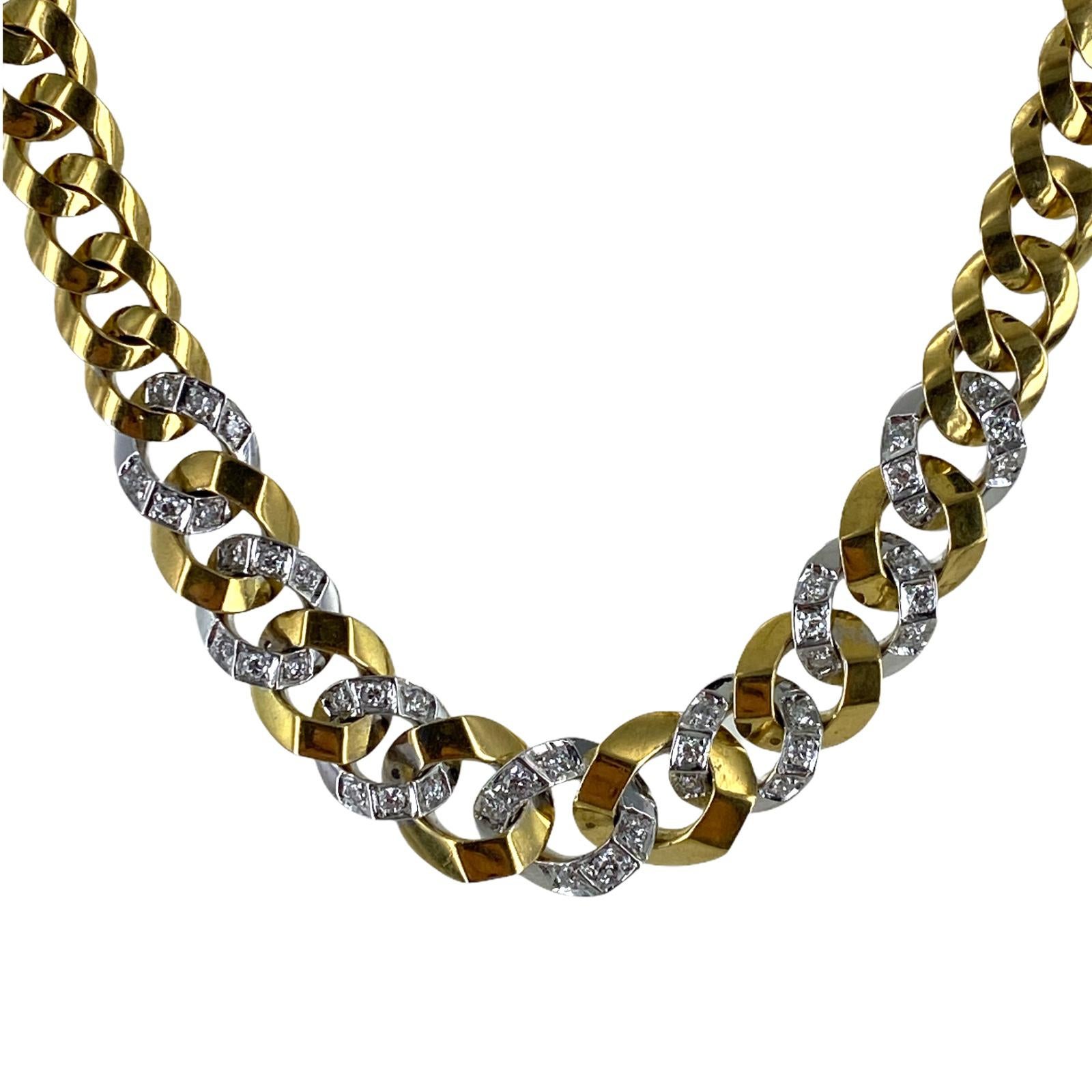 Modern Diamond 18 Karat Two-Tone Gold Tapered Curb Link Vintage Necklace