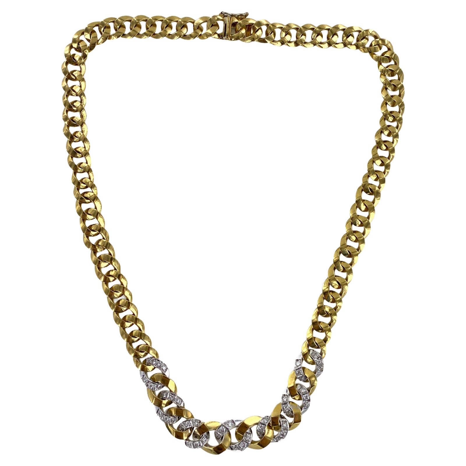 Diamond 18 Karat Two-Tone Gold Tapered Curb Link Vintage Necklace