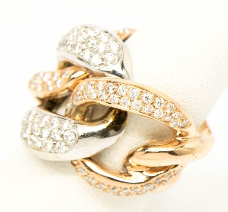 Diamond 18 Karat White and Rose Gold Interlocking Links Ring For Sale ...