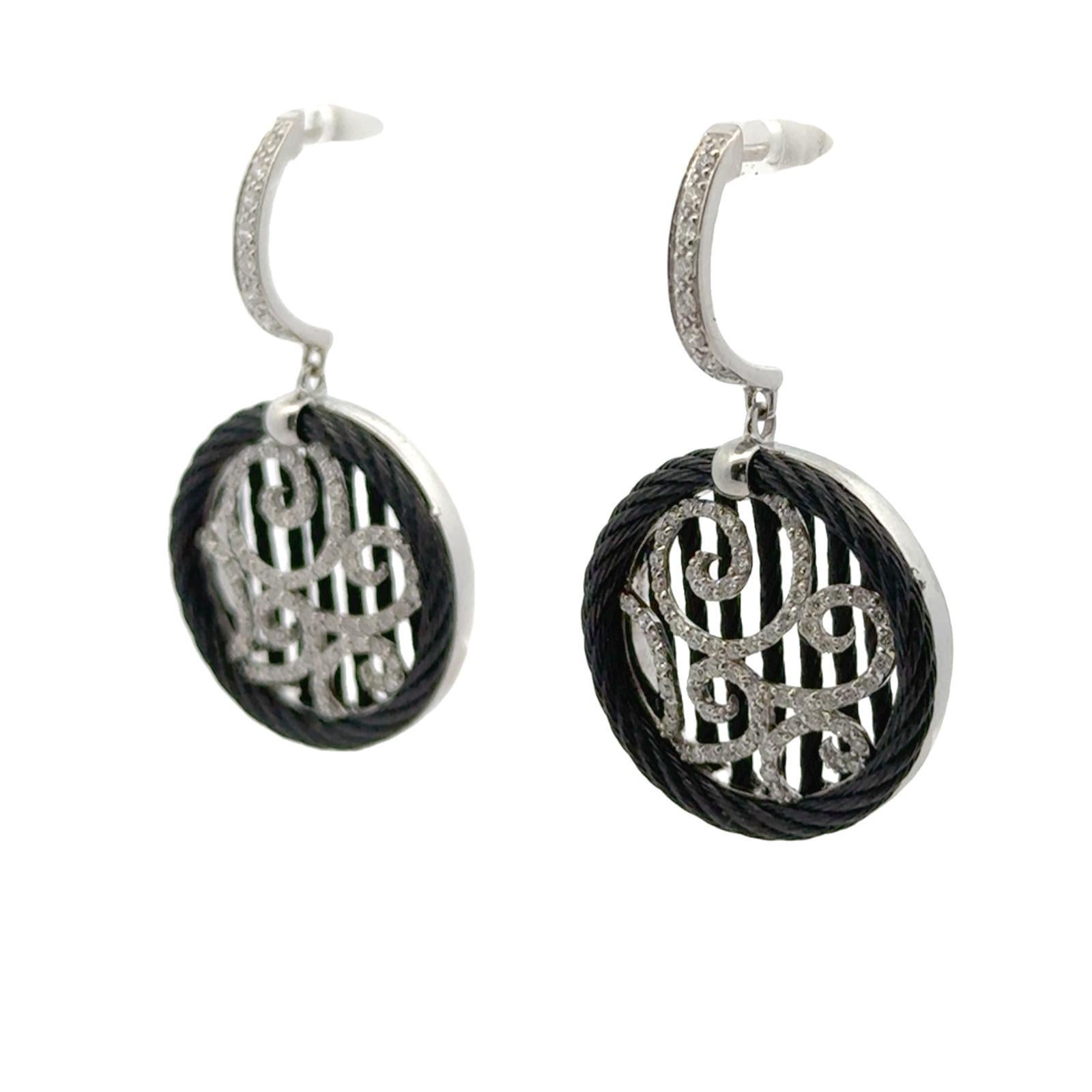 Pendientes de Gota Círculo de Diamante de Oro Blanco de 18 Kilates Negro Cable Empinado Diseñador Alor Moderno en venta