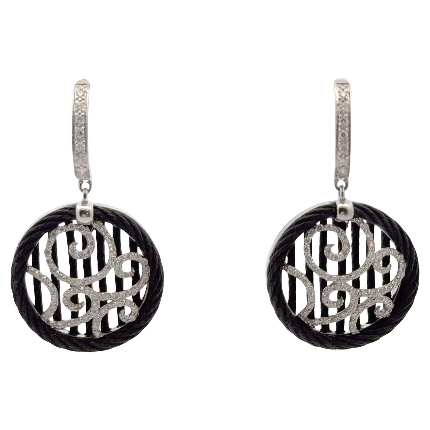 Pendientes de Gota Círculo de Diamante de Oro Blanco de 18 Kilates Negro Cable Empinado Diseñador Alor en venta