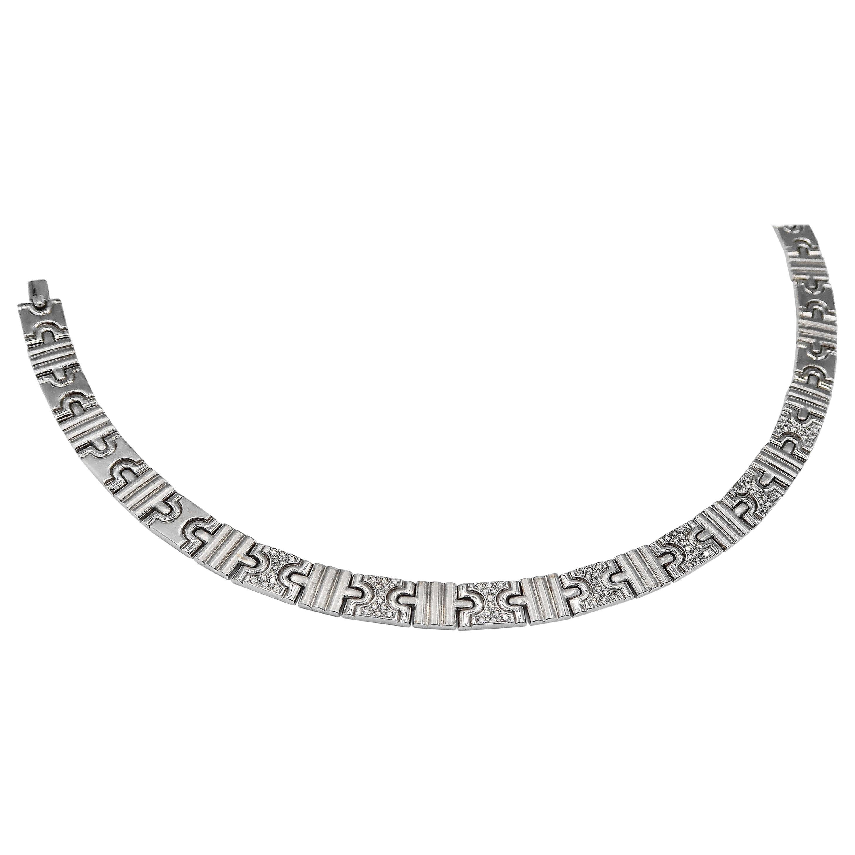 Diamond 18 Karat White Gold Flat Puzzle Link Necklace For Sale