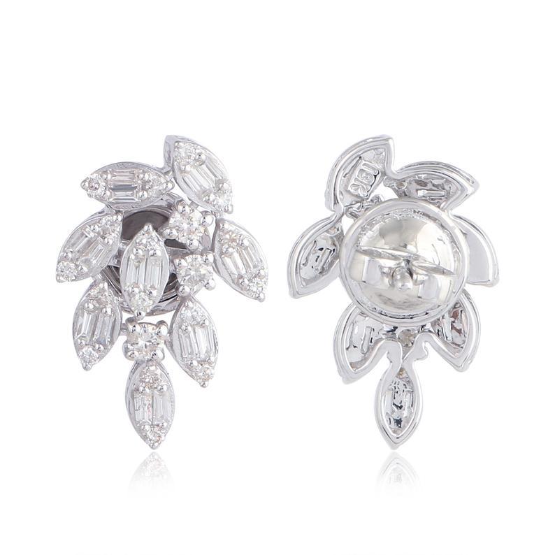 Baguette Cut Diamond 14 Karat White Gold Leaves Stud Earrings For Sale