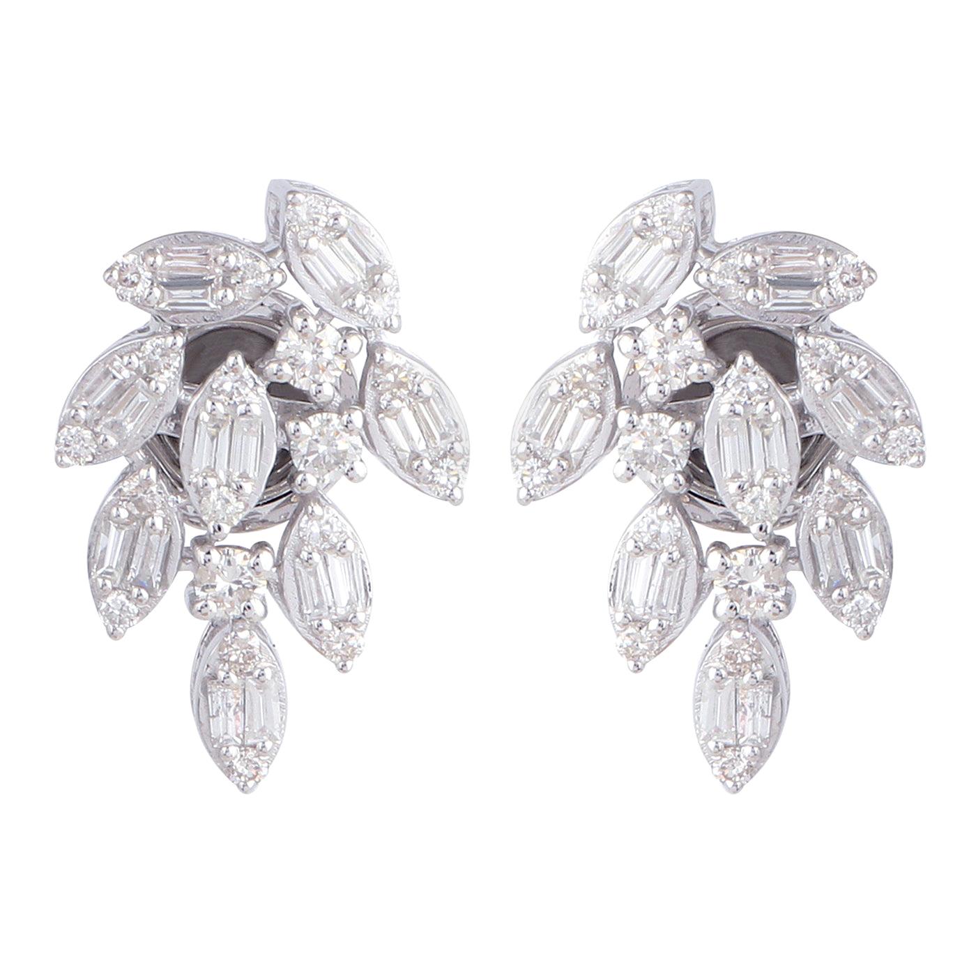 Diamond 14 Karat White Gold Leaves Stud Earrings For Sale at 1stDibs