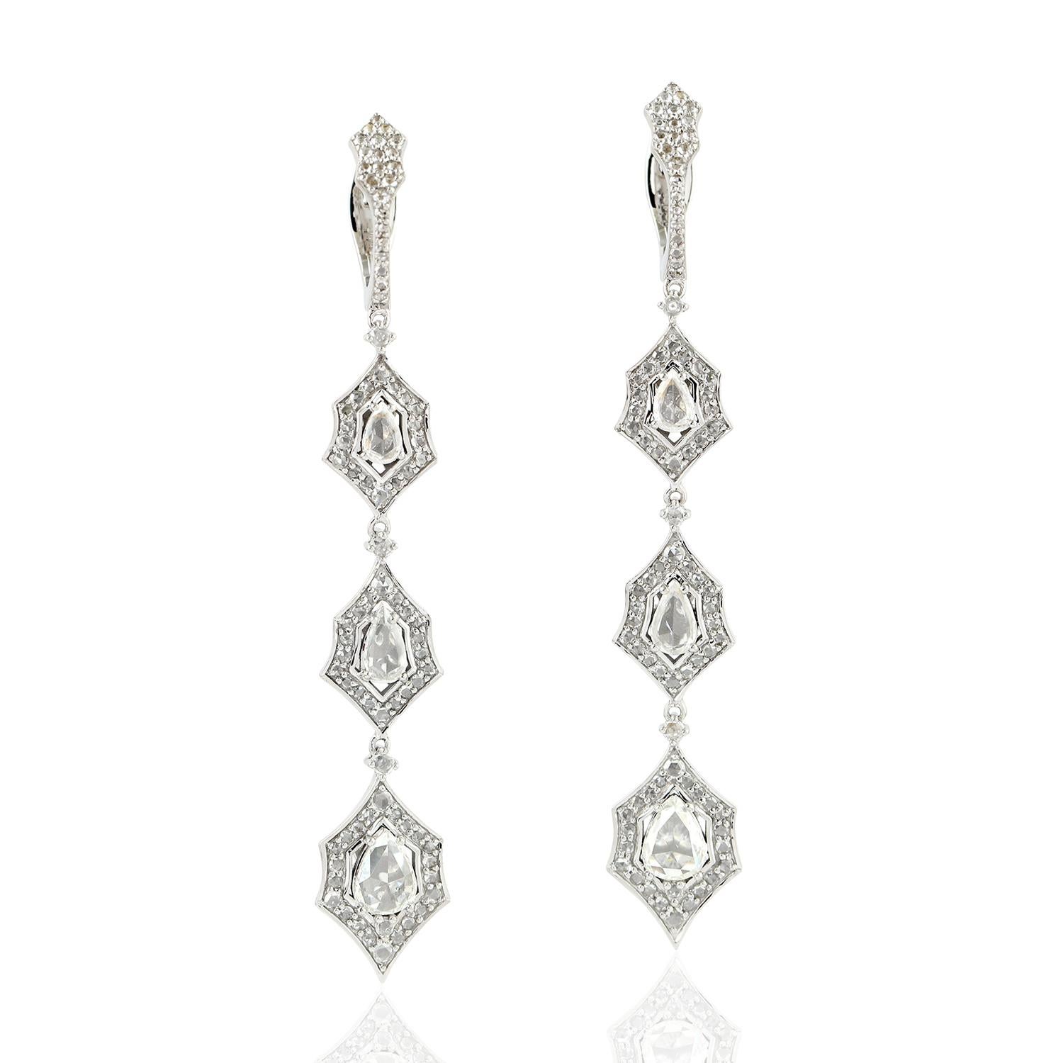 Modern Diamond 18 Karat White Gold Triple Drop Earrings For Sale