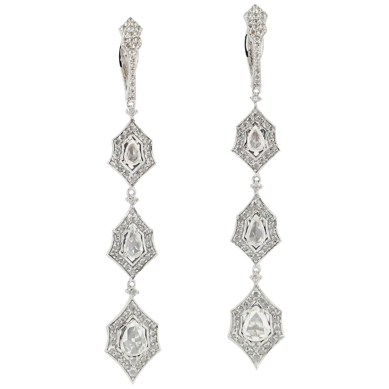 Diamond 18 Karat White Gold Triple Drop Earrings For Sale