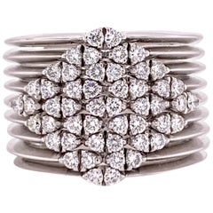 Diamond 18 Karat White Gold Ribbed Wide Band Ring Modern