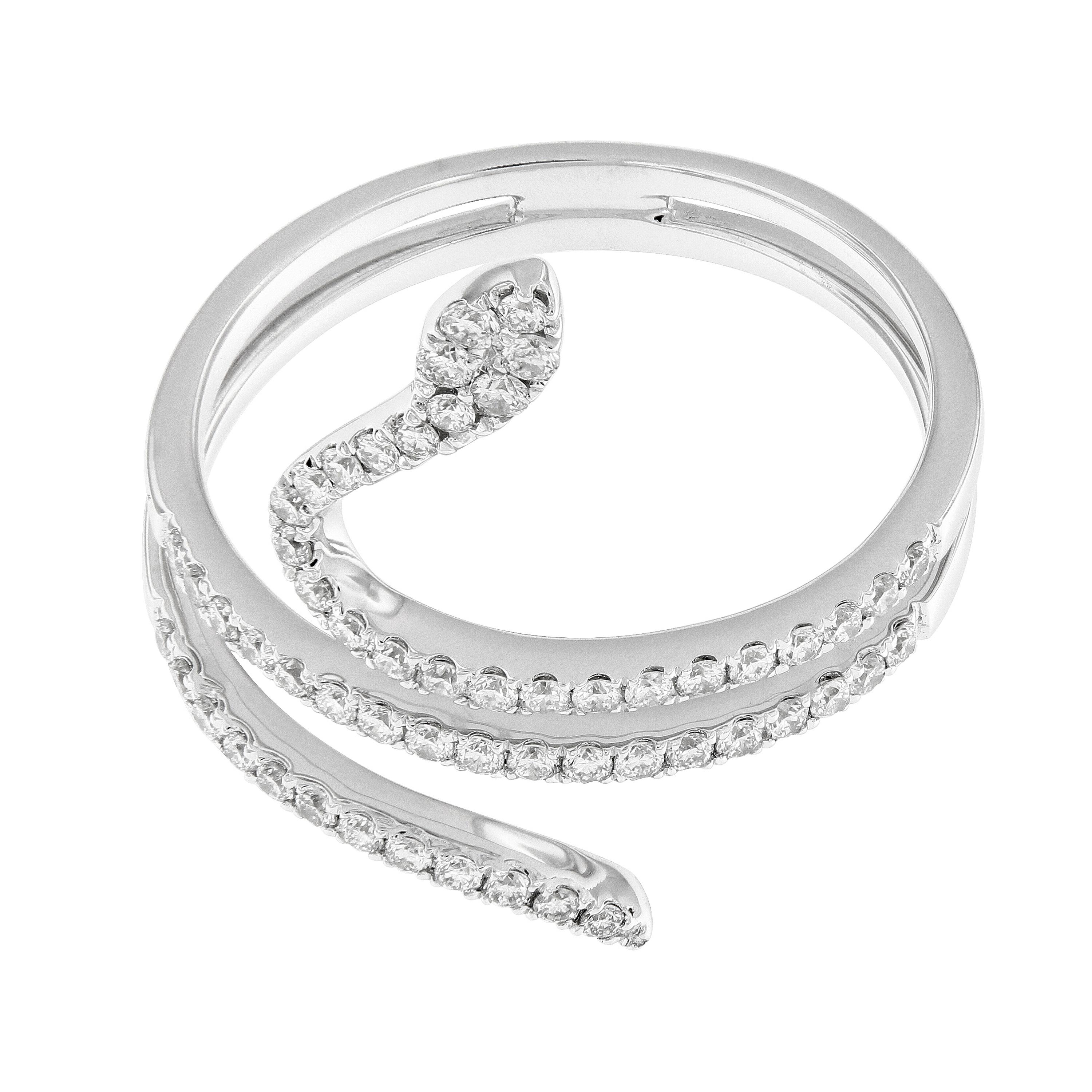 This contemporary serpent ring beautifully wraps around your finger. Ring is crafted in 18 karat white gold and features 56 round brilliant cut diamonds. Ring size 6.5. Weighs 3 grams.

Diamonds 0.35 cttw, VS, G-H