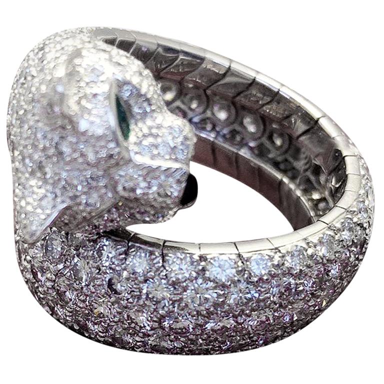 Cartier Diamond 18 Karat White Gold Single Head Panthere Ring