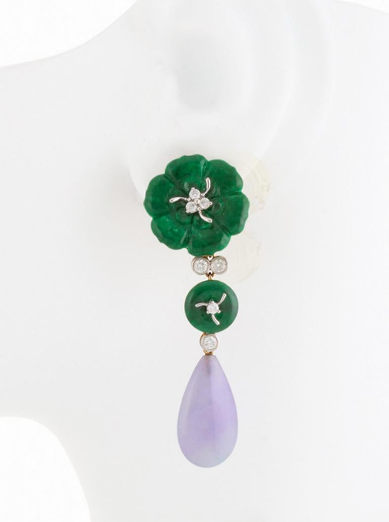 18k. White Gold, Green, and Lavender-Jade Teardrops, Two Round-Cut, Brilliant Diamonds. They come in a unique custom made box designed by Prince John Landrum Bryant, ready for you, or for a very special gift. This piece was made in Manhattan