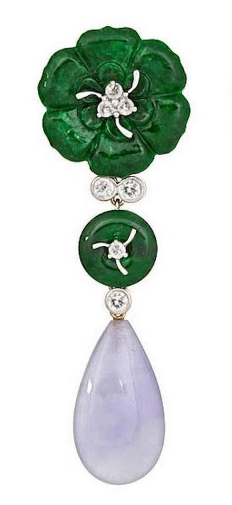 Contemporary Diamond 18 Karat White Gold Three Jade Earrings by John Landrum Bryant For Sale