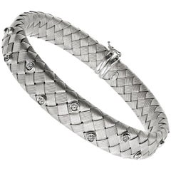 Diamond 18 Karat White Gold Woven Flexible Bangle Bracelet