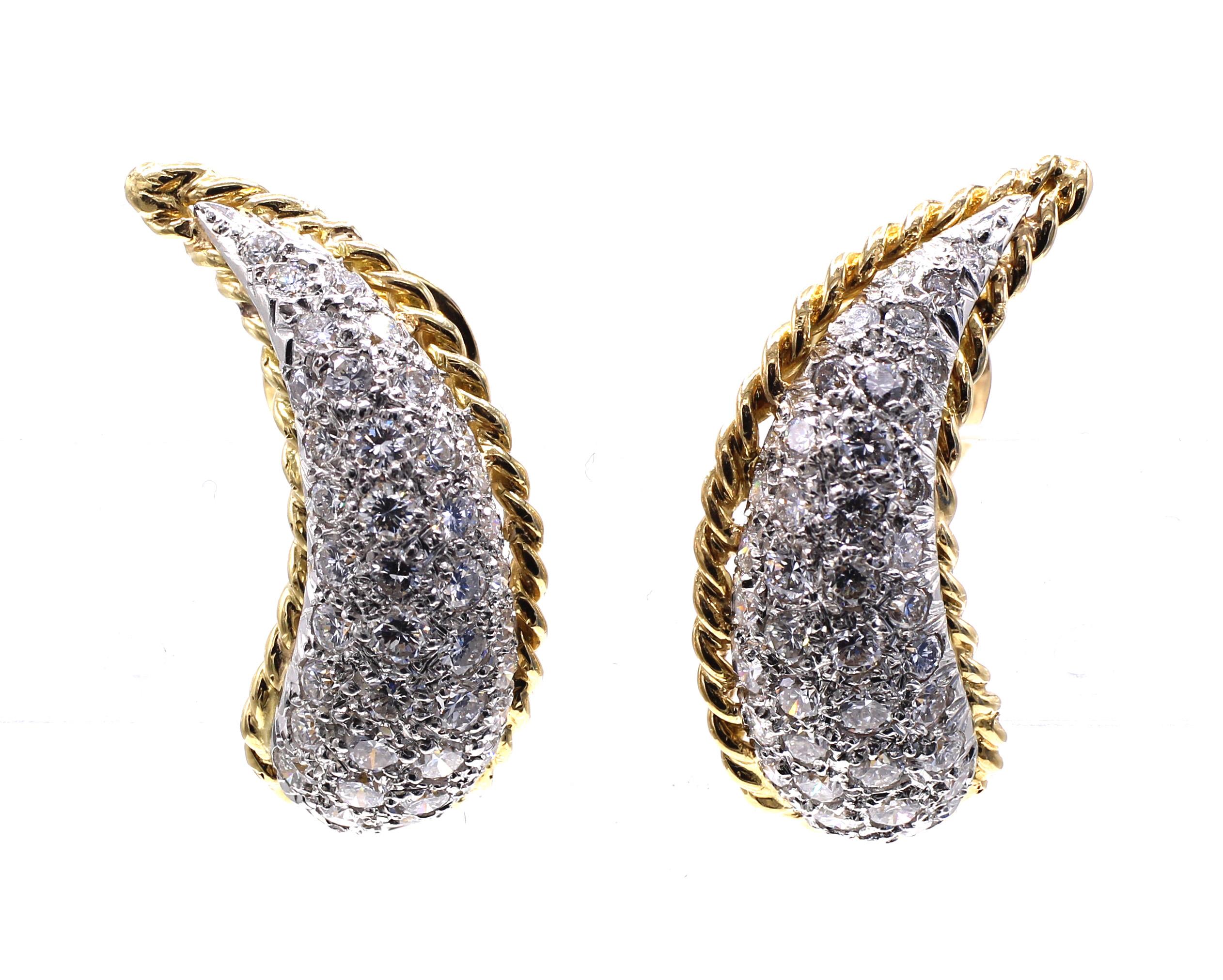 Round Cut Diamond 18 Karat White & Yellow Gold Ear Clips For Sale
