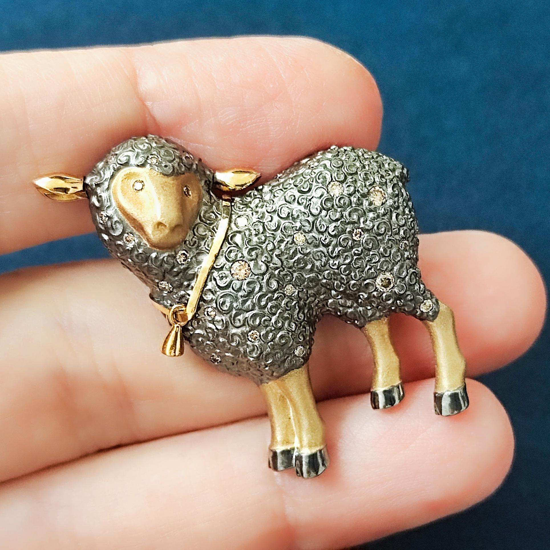 Broche Oveja Marrón Diamantes 18 Quilates Oro Amarillo Negro Contemporáneo