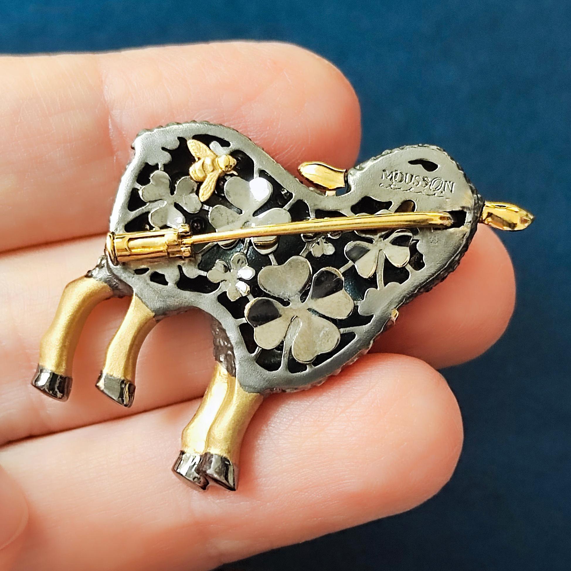 Broche Oveja Marrón Diamantes 18 Quilates Oro Amarillo Negro Corte redondo