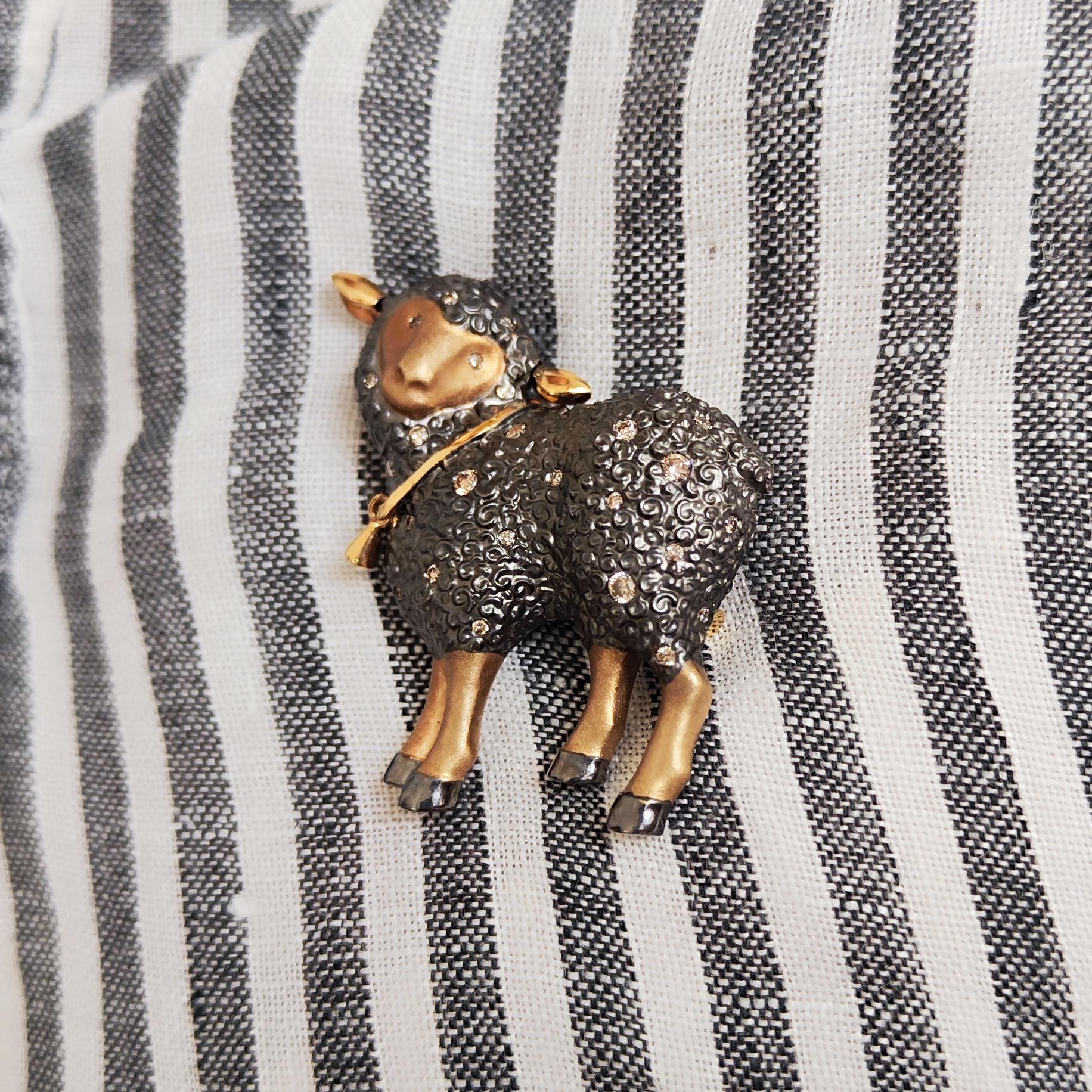 Broche Oveja Marrón Diamantes 18 Quilates Oro Amarillo Negro 1