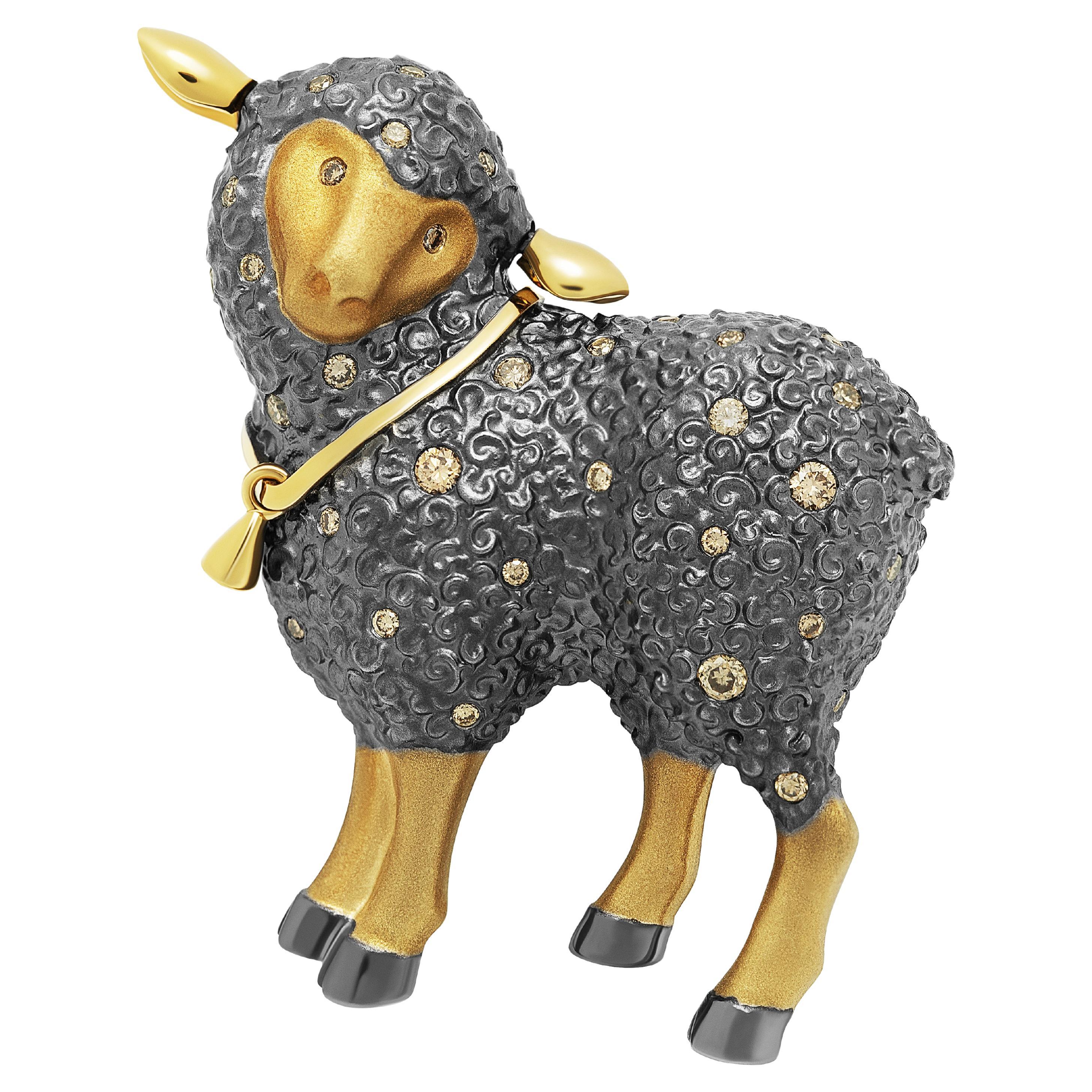 Broche Oveja Marrón Diamantes 18 Quilates Oro Amarillo Negro