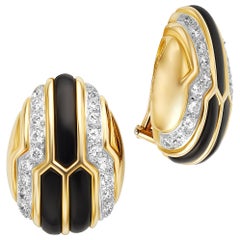 Boucles d'oreilles ovales en diamant, or jaune 18 carats et onyx noir